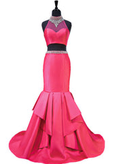 High Neck Mermaid African Hot Pink Two Piece Satin Prom Dress