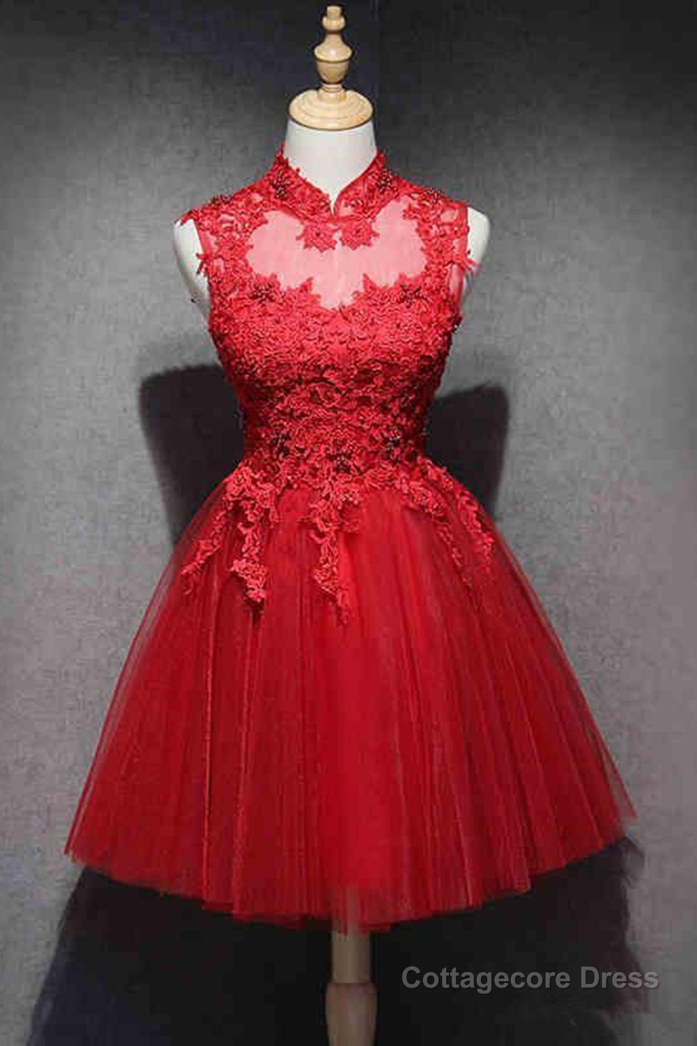 High Neck Red Lace Short Prom Dress, Red Lace Homecoming Dress, Red Formal Graduation Evening Dress