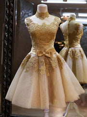 High Neck Short Golden Lace Prom Dresses, Short Graduation Dresses, Homecoming Dresses