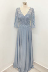 Mist Deep V Illusion Sleeves Beaded Long Mother of Bride Dress