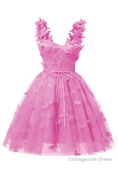 Hot Pink 3D Butterfly Lace Applique Tulle Homecoming Dress for Teens Sweetheart Mini Short Prom Dresses