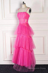 Hot Pink Long Tulle Prom Dresses, Hot Pink Long Tulle Formal Evening Dresses