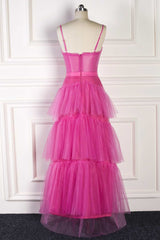 Hot Pink Spaghetti Straps A-Line Tulle Tiered Long Party Dress