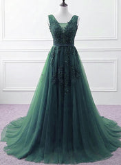 Hunter Green Tulle V-neckline Long Party Dress, Dark Green A-line Prom Dress