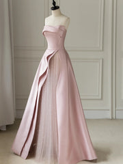 Pink Sleeveless Satin A-Line Floor-Length Prom Dress Slit with Tulle Strapless