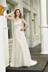 Illusion Lace One Shoulder Tulle Wedding Dresses With Sweep Train