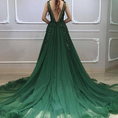 Dark Green Low Back Beaded Lace V-neckline Party Dress, A-line Prom Dress