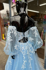 Blue Floral Lace Sweetheart A-Line Prom Gown with Sleeves