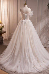 Ivory Floor Length Beaded Straps Prom Dress, Ivory Tulle Evening Dress