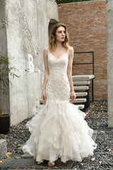 Ivory Mermaid Tulle Lace Appliques V-neck Wedding Dresses with Cascading Ruffles