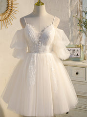 Ivory Tulle Puff Sleeve Homecoming Dress