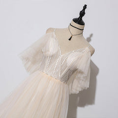 Ivory Tulle V-neckline Straps Off Shoulder Long Evening Dress, A-line Prom Dress Party Dress