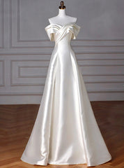 Ivory White Satin Off the Shoulder Pleats Wedding Dress