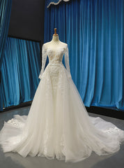 Ivory White Tulle Mermaid Appliques Beading Sequins Long Sleeve Wedding Dress With Removable Train