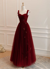 A Line Tulle Long Formal Dress Wine Red Evening Dress