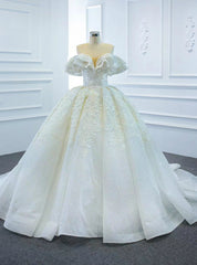 Just Be The One For You White Ball Gown Tulle Appliques Beading Off the Shoulder Wedding Dress