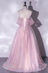 Pink Tulle Sequins Long Prom Dress, A-Line Formal Graduation Dress