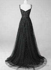 Black Sweetheart Tulle With Lace Long A-Line Prom Dress, Black Formal Dress