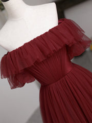 Burgundy Tulle Floor Length Prom Dress, Simple A-Line Evening Party Dress