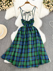 Lovely Green Plaid Halter Dress, A-Line Fashion Dress