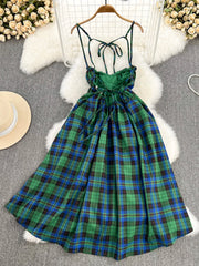 Lovely Green Plaid Halter Dress, A-Line Fashion Dress