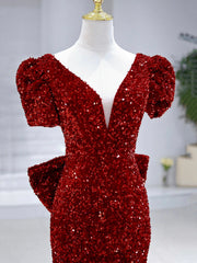 Mermaid Sequins Long Prom Dress, Burgundy V-Neck Evening Dress