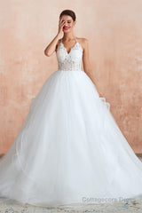 Lace Halter See-through Multi-Layers White Wedding Dresses with Open Back