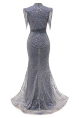 Lace Sequin Long Grey Prom Dresses High Neck Beaded Mermaid Long Evening Dresses