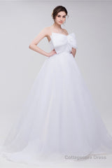 Lace Sheer Waist Long Pleated A-line Train Wedding Dresses with Half Sleeves