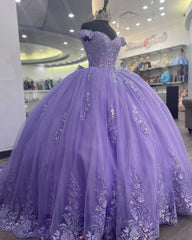 Lavender Corset Mexican Quinceanera Dress Ball Gown,Appliques Lace Birthday Party Vestidos De XV Anos