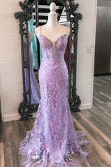 Lavender Floral Appliques Deep V Neck Mermaid Long Prom Dresses Gala Dress Formal