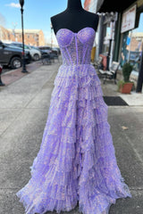 Lavender Glitter Tulle Corset Ruffle Tiered Long Prom Dress with Slit