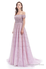 Lavender Lace Off the Shoulder Beaded Sequins Sweep-Train A-Line Prom Dresses