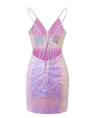 Lavender Lace-Up Plunging V Neck Sequins Sheath Homecoming Dress With Split Front Short Prom Dresses