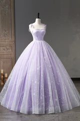 Lavender Tulle Straps Floor Length Evening Dress, Lavender A-Line Prom Dress