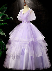 Lavender Tulle V-neckline Sweet 16 Dress with Flowers, Lavender Formal Dress Prom Dress