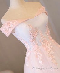 Light Pink Lace Off Shoulder Lonng Prom Dress, Pink Evening Dress