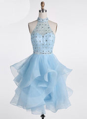 Light Blue Beaded Layers Knee Length Party Dress, Blue Homecoming Dress Short Prom Dress