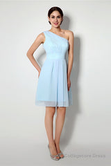 Light Blue One Shoulder Chiffon Knee Length Homecoming Dresses