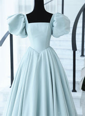 Light Blue Satin Open Back Lopng Prom Dress, Blue A-line Wedding Party Dress