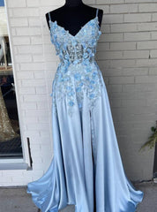 Light Blue Satin Spaghetti Straps 3D Flower Prom Dress