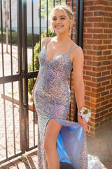 Light Blue Sequins Spaghetti Straps Mermaid Prom Dress with Slit