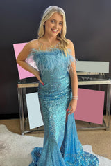 Light Blue Sparkly Sequins Off the Shoulder Long Prom Dress with Feathers