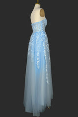 Light Blue Sweetheart Tulle Lace Prom Dresses Long Evening Party Dresses