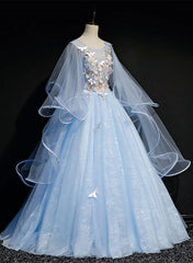 Light Blue Tulle A-line Party Dress Blue Sweet 16 Gown with Flowers prom dresses shops