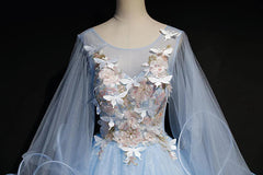 Light Blue Tulle A-line Party Dress Blue Sweet 16 Gown with Flowers prom dresses shops