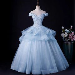 Light Blue Tulle Ball Gown Off Shoulder Sweet 16 Dress Blue Formal Dress with Lace prom dresses shops