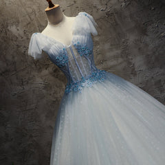 Light Blue Tulle Long Party Dress Formal Dress, Blue Tulle Formal Dress with Flowers