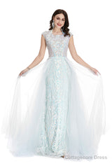 Light Blue Tulle Sequins Appliques Cap Sleeve Prom Dresses