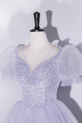 Light Blue Tulle Sequins Prom Dress, Scoop Neck Short Sleeve Puffy Floor-Length Evening Dress